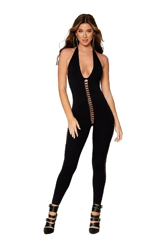 women's pajamas with adjustable waistbandsOpaque knitted halter catsuit bodystocking