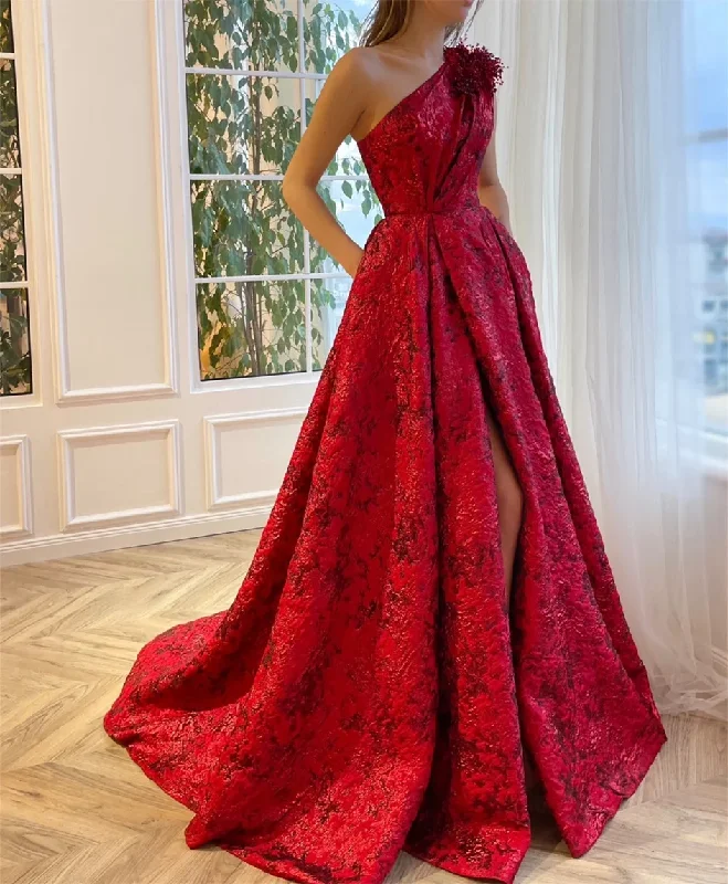 Women's Lapel Collar DressesLuxury A-line 2024 Elegant Red Chic Women Printing Flower Prom Dresses Long One Shoulder Ball Gown Glitter Formal Evening Party