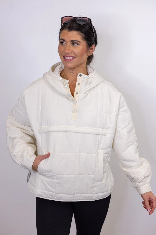 Women's Jumpsuits with Collarless DesignMisty Mornings Cream Puffer Hoodie