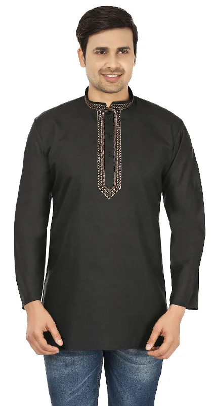 Women's Sporty ShortsEmbroidered Cotton Mens Short Kurta Shirt Indian Clothes (Black)