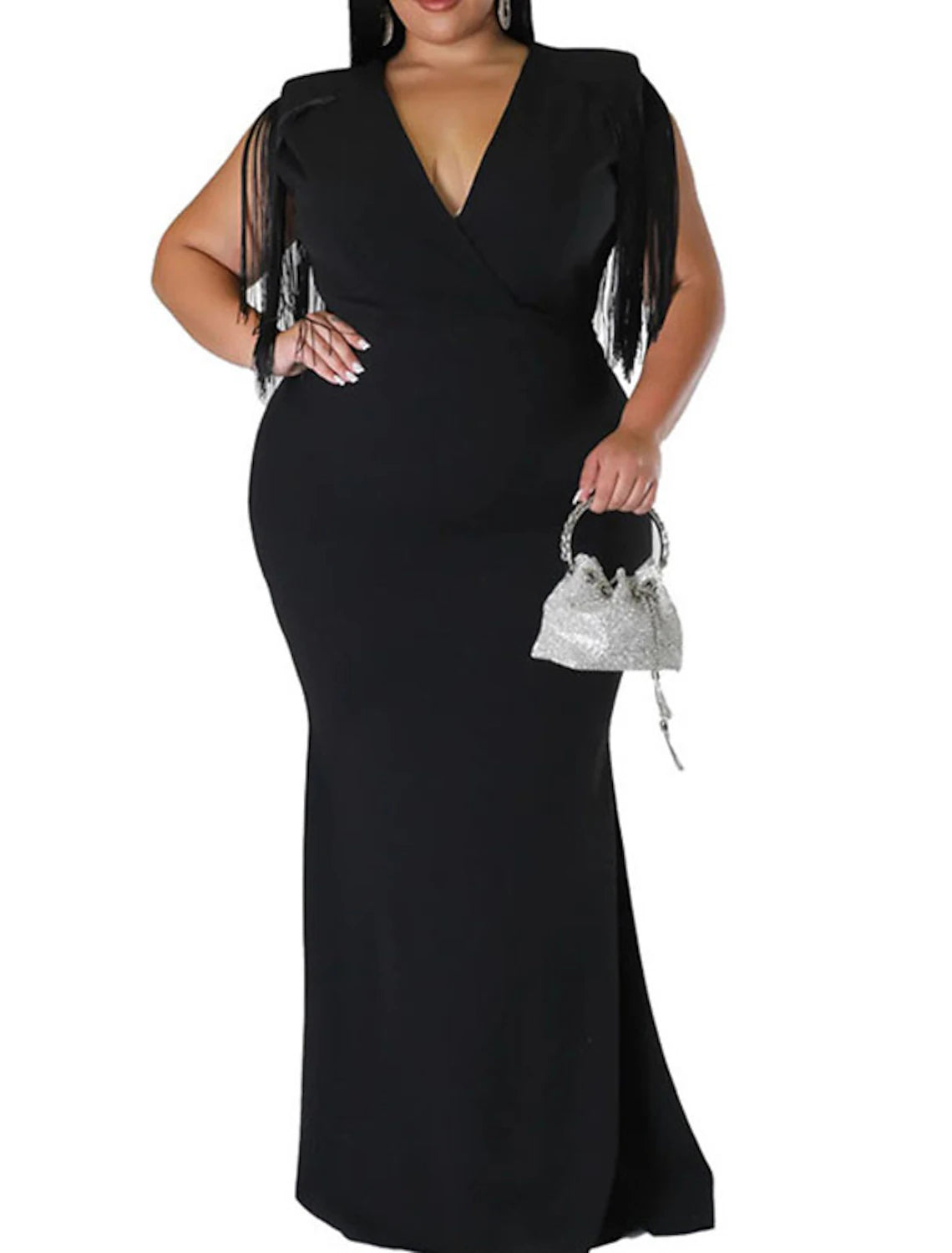 Women's Turtleneck DressesWomen's Plus Size Black Sequin Dress Fringe Dress Prom Dress Party Dress Sparkly Dress Solid Color V Neck Tassel Sleeveless Spring Formal Maxi long Dress Date Dress