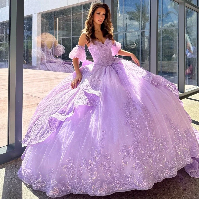 Women's Shirt Collar DressesLavender Sweetheart Quinceanera Dresses Party Off the Shoulder Evening Prom Dress for Women Tulle Applique Lace Beads Ball Gown