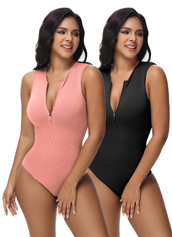 body shaper with silicone grip strips for no-slip wearSooslick Bodysuits for Women - Pack of 2 | Sleeveless Front Zip Bodysuits - Full Body Shapewear Body Sculpting Shaping Tops Clothing Comfort