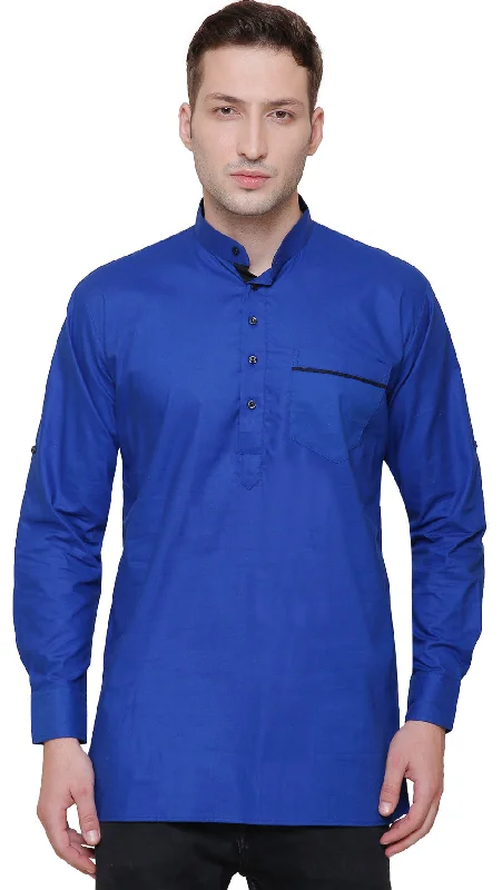 Women's Performance ShortsShort Kurta Shirt Mens Fine Cotton Designer Indian Fashion Clothes (Blue)