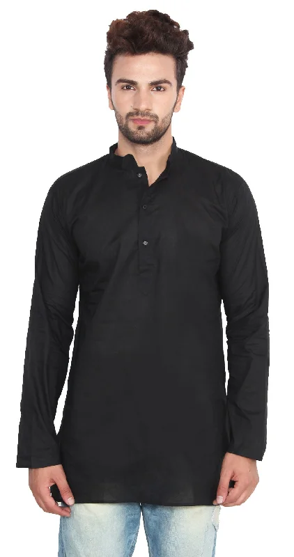 Women's Beach ShortsCotton Dress Mens Short Kurta Shirt India Fashion Clothes (Black)