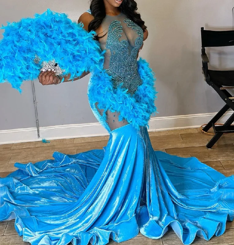 Women's Asymmetrical DressesLegend Blue Velvet Feathers Mermaid Golden Crystal Beading Prom Dresses Luxury Designer Party Black Girls Bespoke robe de bal