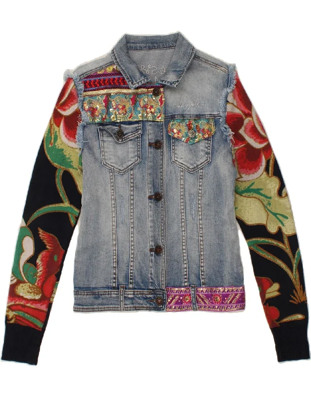 Women's Down CoatsDESIGUAL Womens Graphic Denim Jacket EU 38 Medium Blue Floral Cotton