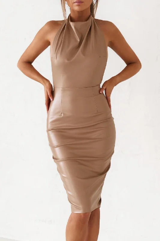 Women's Sweetheart Collar DressesBackless Midi Dress - Matte Tan