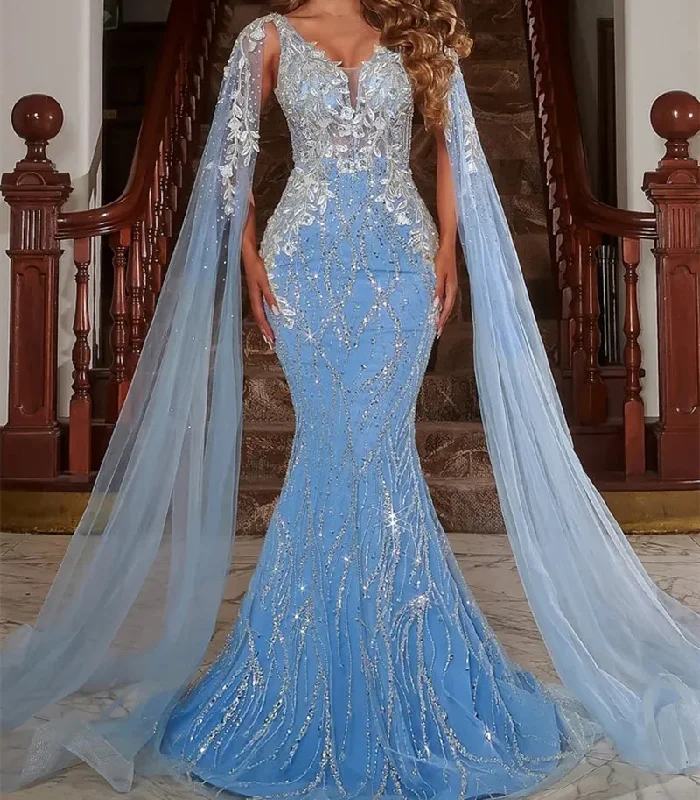 Women's Narrow Collar DressesLuxury Dubai Arabic Evening Dresses Sequins Beads Mermaid Blue Women Formal Prom Gowns With Cape Met Gala Wedding Party Robe