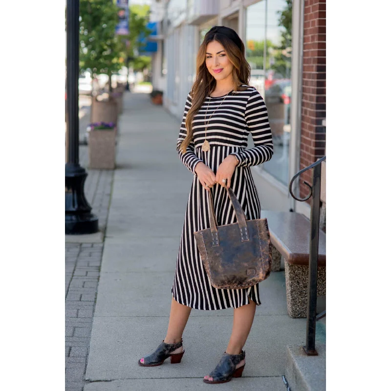 Women's Fit and Flare DressesLong Sleeve Striped Midi