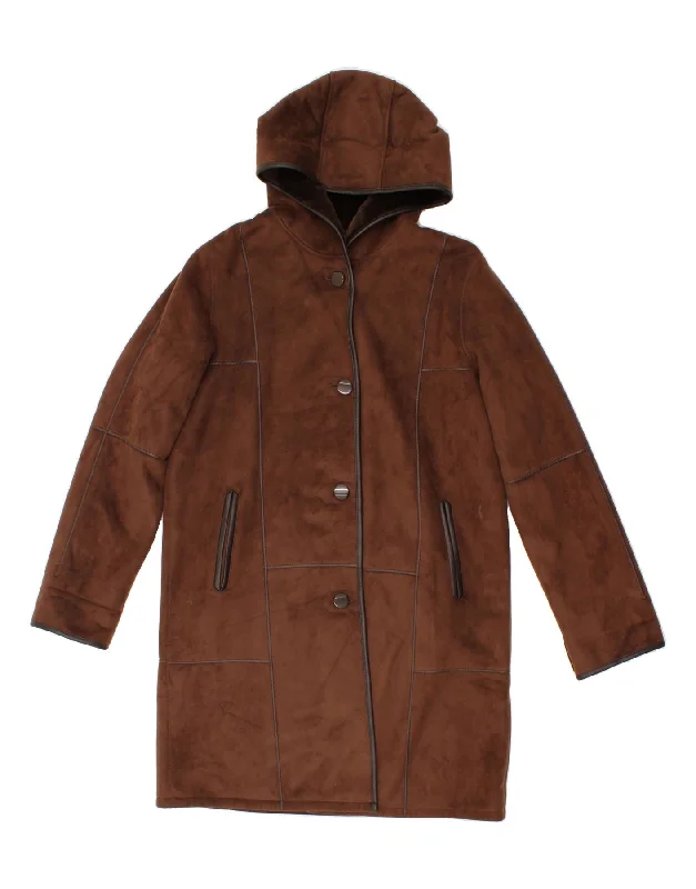 Women's Coats with Fur Trimmed HoodGALLERY Womens Hooded Shearling Coat UK 14 Medium Brown