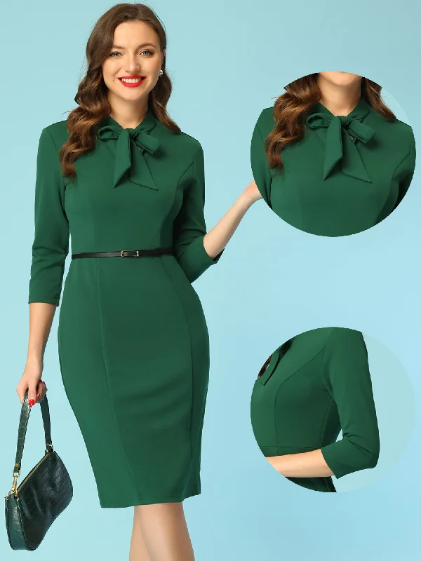 Women's Rounded-Neck DressesFront Tie Neck 3/4 Sleeve Work Bodycon Sheath Dress