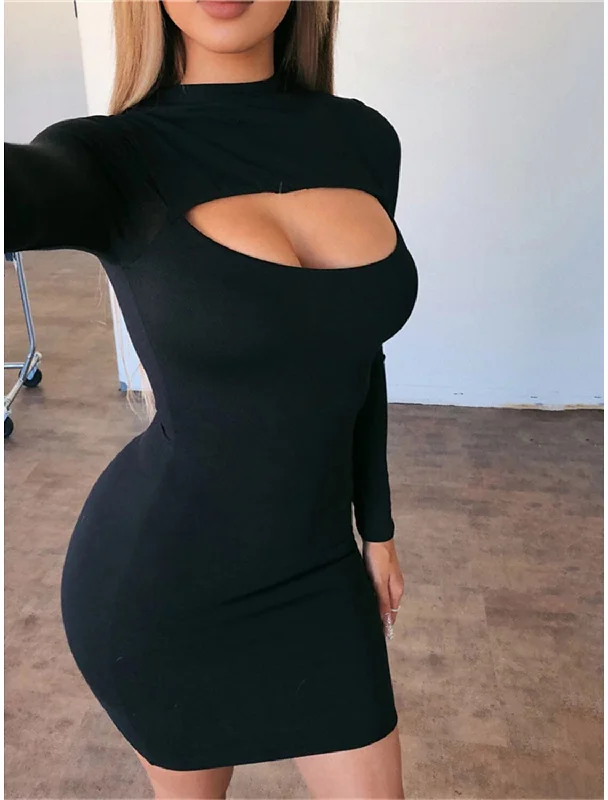 Women's Empire Waist DressesWomen‘s Little Black Dress Sexy Dress Party Dress Bodycon Mini Dress Red Rose Long Sleeve Cut Out Fall Winter Autumn Crew Neck Fashion Winter Dress Vacation