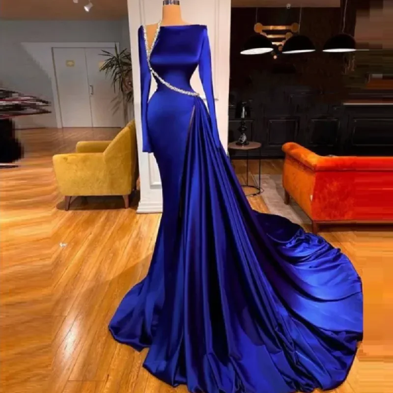 Women's Keyhole Collar DressesVestidos De Noche Largos Modest Evening Dresses Long Sleeves Royal Blue Beaded Luxury Formal Party Gowns Women Robe De Soiree