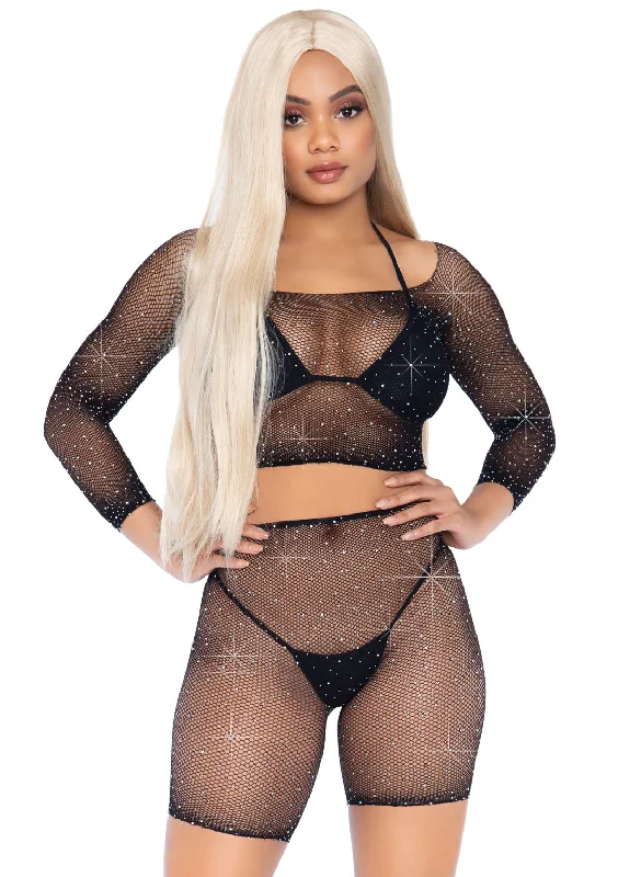 women's pajamas for those who value qualityLeg Avenue  Rhinestone Fishnet Crop Top and Shorts  81608