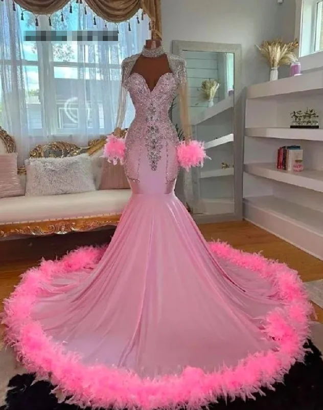 Women's Square Collar DressesPretty Pink Feather Train Long Sleeve Rhinestones Prom Dresses Mermaid Elegant Dress For Wedding Party See Through Gowns African