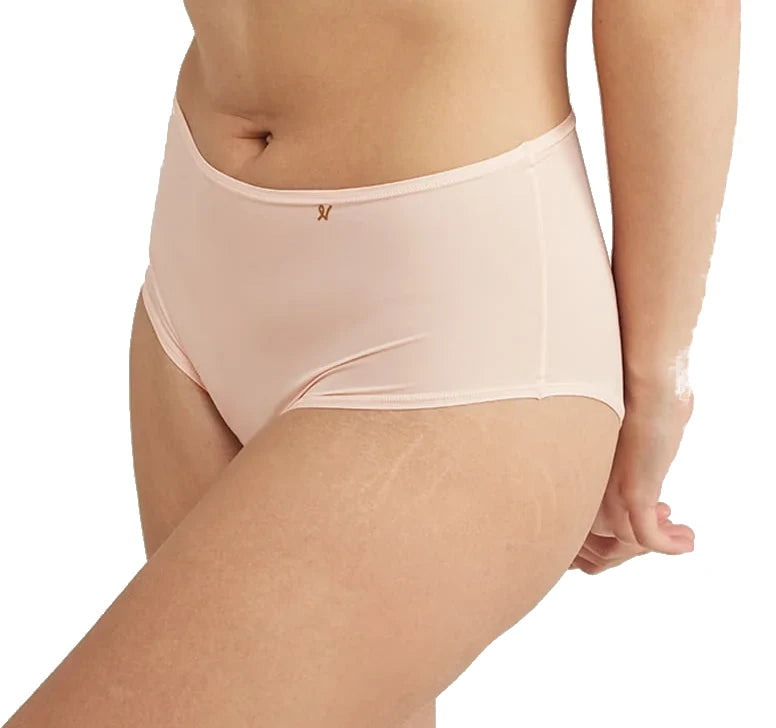 stretchable satin panties with a sheer lace waistbandLadies Blus Pink Super Stretch Elastic Free Recycled Microfibre Comfortable Seamless High Waisted Light Control Brief