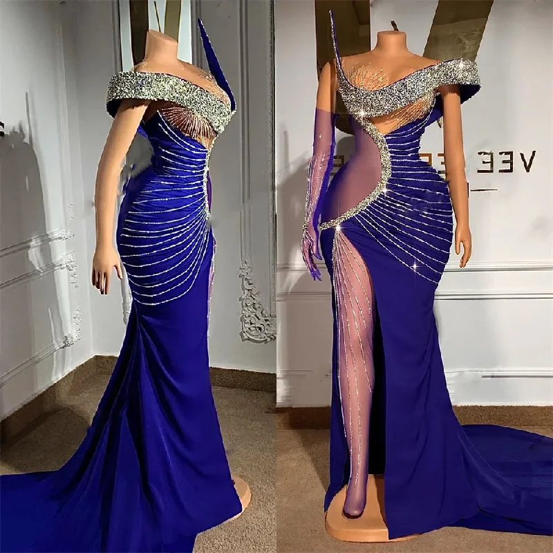 Women's Shirt Collar DressesSparkly Beaded Prom Dresses Illusion Long Gloves Prom Gown High Split Sexy Blue Strapless Evening Dress For Party Mermaid