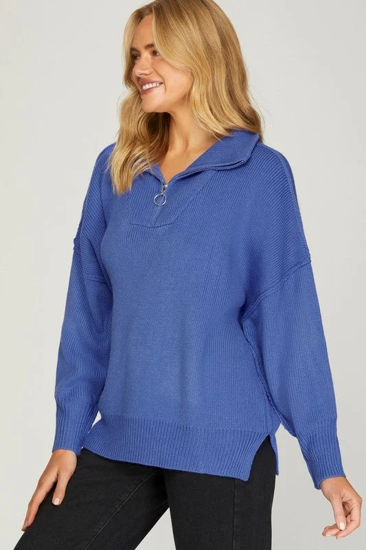 Women's Jumpsuits with Sweetheart CollarWinter Cheer Blue Knit Sweater