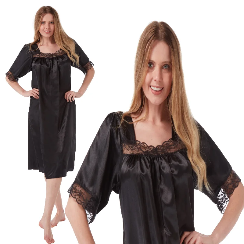 women's pajamas for those who love comfortBlack Sexy Silky Shiny Satin Lace Short Sleeve Nightdress Nightie Negligee PLUS SIZE