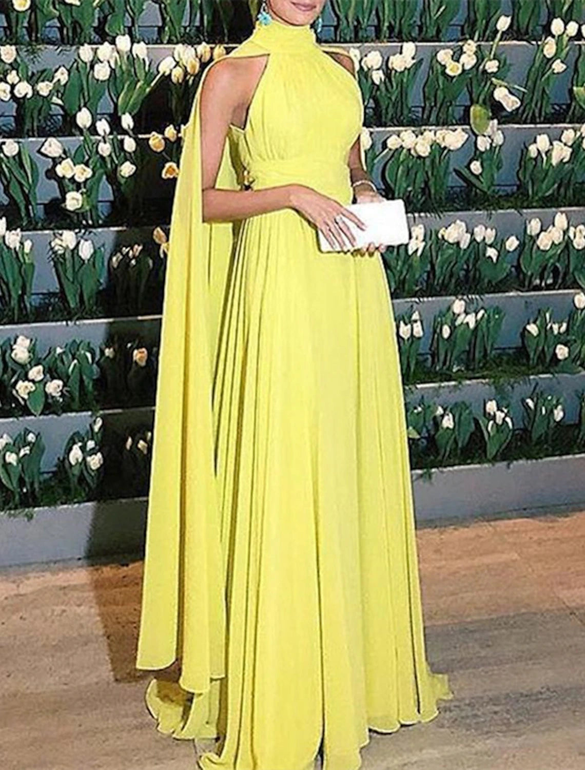 Women's Peter Pan Collar DressesA-Line Evening Gown Maxi Dress Formal Wedding Guest Floor Length Sleeveless High Neck Capes Chiffon with Ruched