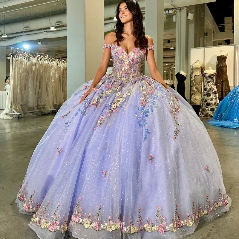 Women's Peter Pan Collar DressesLavender Shiny Quinceanera Dresses Ball Gown Off Shoulder Applique Flowers Puffy Sweet 16 Dress Celebrity Party Gowns Graduation