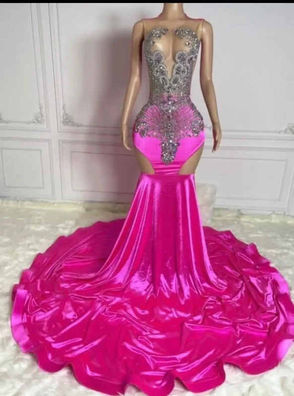 Women's Collarless DressesSheer See Through Pink Prom Dresses Black Girl 2024 Luxury Mermaid Beaded Diamond Formal Evening Birthday Party Gala Gowns