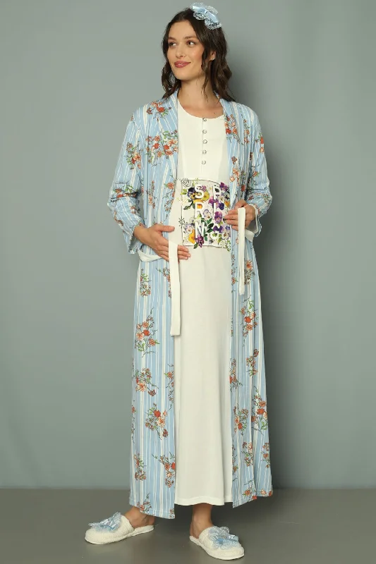 women's pajamas with a perfect blend of style and comfortShopymommy 2257 Maternity & Nursing Nightgown With Patterned Robe Ecru/Blue