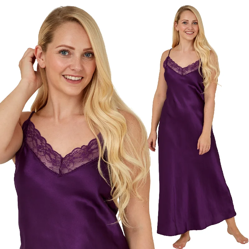 women's pajamas with hidden pocketsLong Full Length Purple Sexy Satin Lace Nightdress Chemise Negligee PLUS SIZE