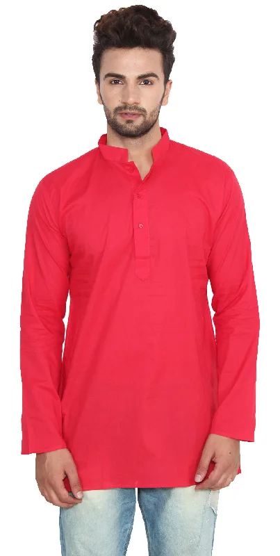 Women's Stretch ShortsCotton Indian Dress Mens Short Kurta Shirt Fashion Clothing (Red)