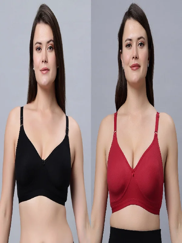 seamless bra with lace detailingFull coverage Non Padded Bra Red Black color (Pack of 2)