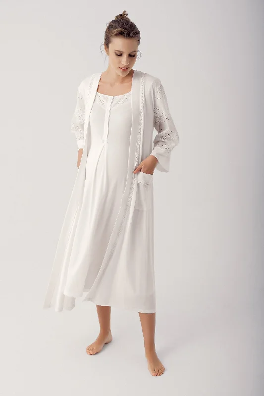 women's pajamas for those who cherish their bedtime routinesShopymommy 14400 Motif Embroidered Maternity & Nursing Nightgown With Robe Ecru