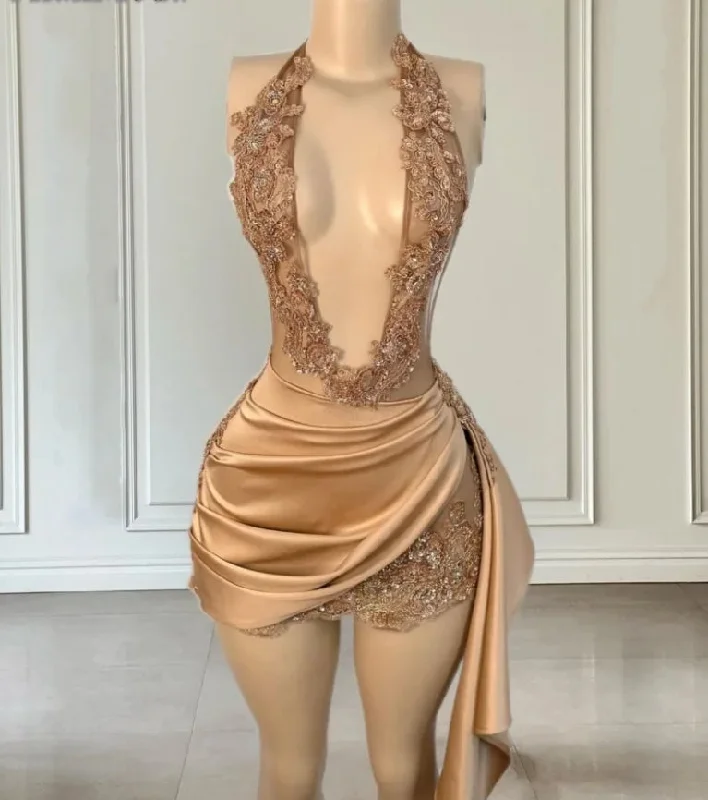 Women's Sweetheart Collar DressesRose Gold Short Prom Dress For Women Halter Birthday Dresses For Your Birthday Beading Party Gowns Vestidos De Graduación