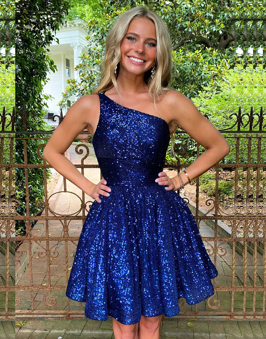 Women's Square-Neck DressesA-line Blue Sequin Mini Dress Backless Homecoming Dress