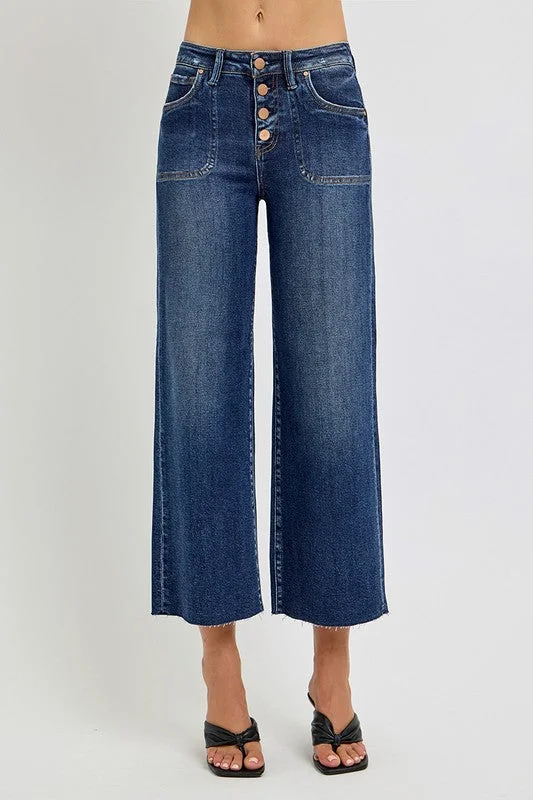 Women's OverallsButton Fly Wide Leg Dark Jeans