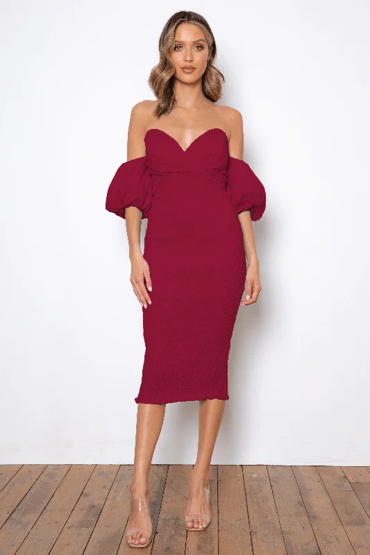 Women's V-Shaped Collar DressesSweetie Midi Dress - Burgundy