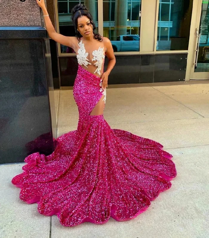 Women's One-Shoulder DressesSexy Diamonds Fuchsia Prom Dress For Black Girls Sheer Neck Sparkly Beading Crystal Rhinestones Sequins GownsBirthday Party