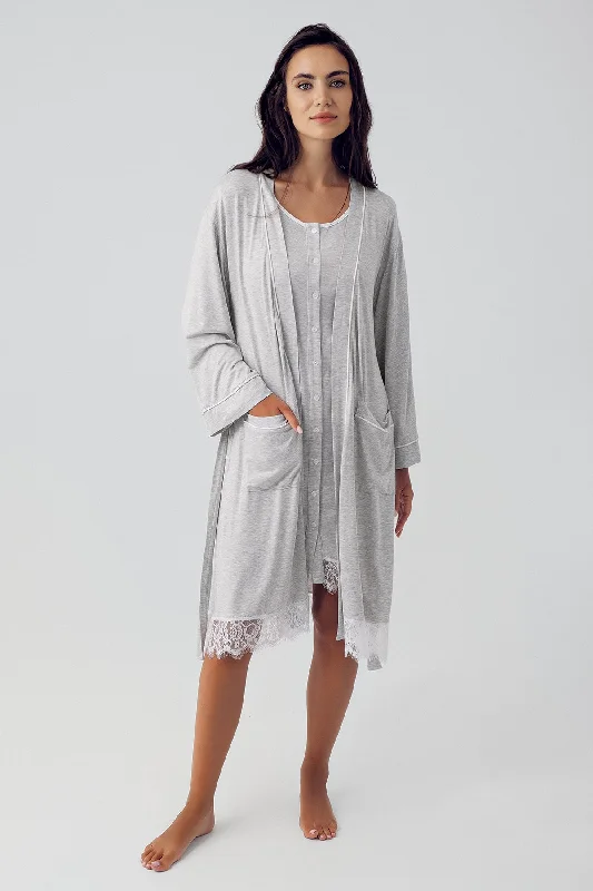 women's pajamas with a stylish cutShopymommy 15403 Melange Lace Maternity & Nursing Nightgown With Robe Grey