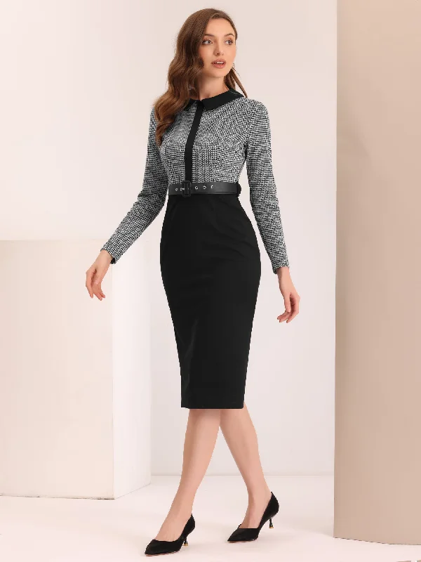 Women's Shawl Collar DressesLong Sleeve Contrast Placket Houndstooth Print Bodycon Dress