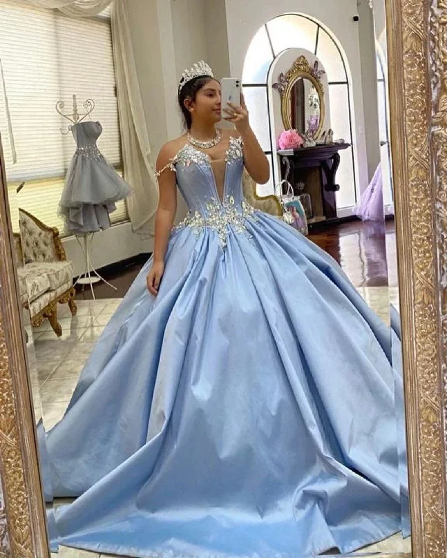 Women's Pencil DressesLight Blue Crystal Ball Gown Quinceanera Dresses Off The Shoulder Satin Formal Prom 15th Princesss Party Dress