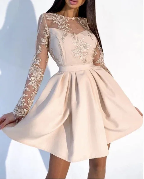 Women's Boat-Neck DressesCute A-Line Mini Dress Champagne Dresses Lace Long Sleeves Bridesmaid Dresses