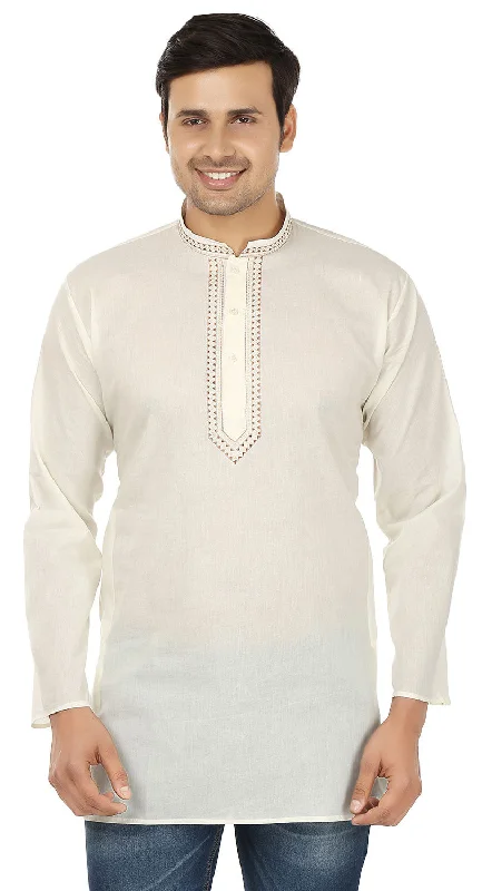 Women's Mid-Rise ShortsEmbroidered Cotton Men's Short Kurta Shirt Indian Clothes (Off-White)