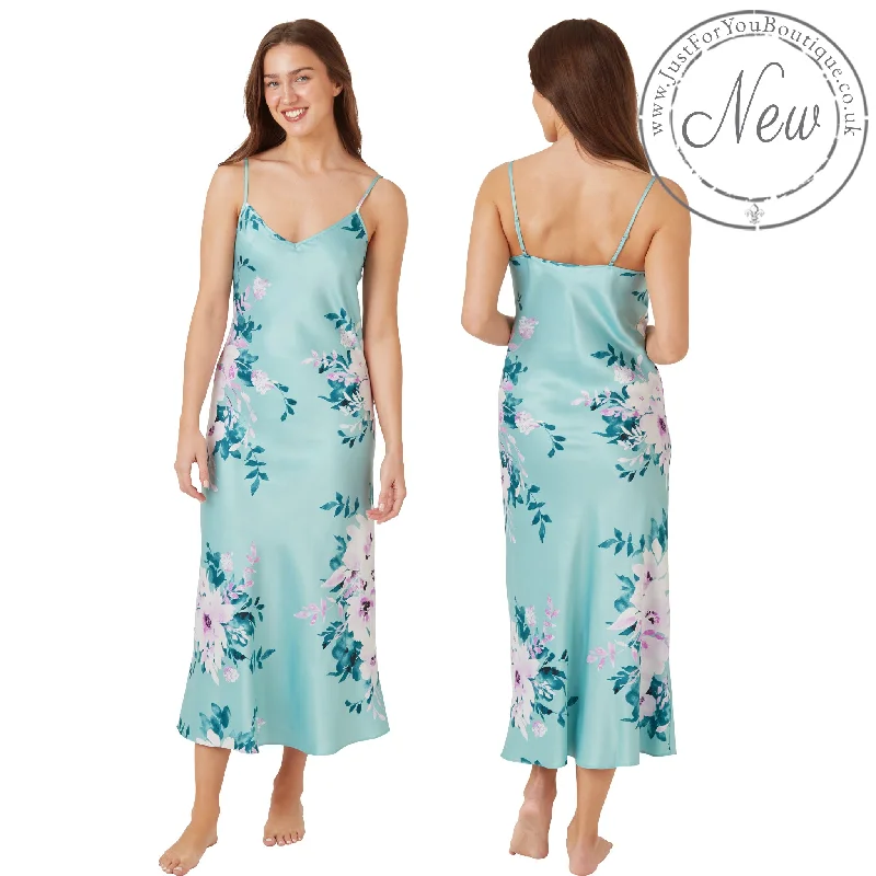 women's pajamas with a cozy, snug fit for ultimate comfortLong Full Length Aqua Floral Blossom Sexy Satin Nightdress Nightie Negligee PLUS SIZE