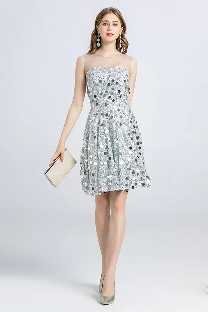 Women's High-Neck DressesSleeveless Jewel Lace Sequins Mini Homecoming Dress