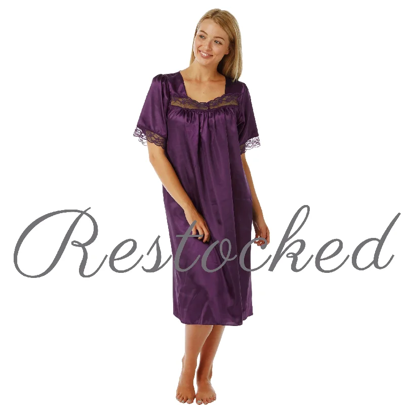 women's pajamas with a sophisticated elegancePurple Sexy Shiny Silky Satin Lace Short Sleeve Nightdress Nightie Negligee PLUS SIZE