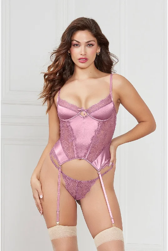 wire-free contour braSatin and eyelash lace bustier set