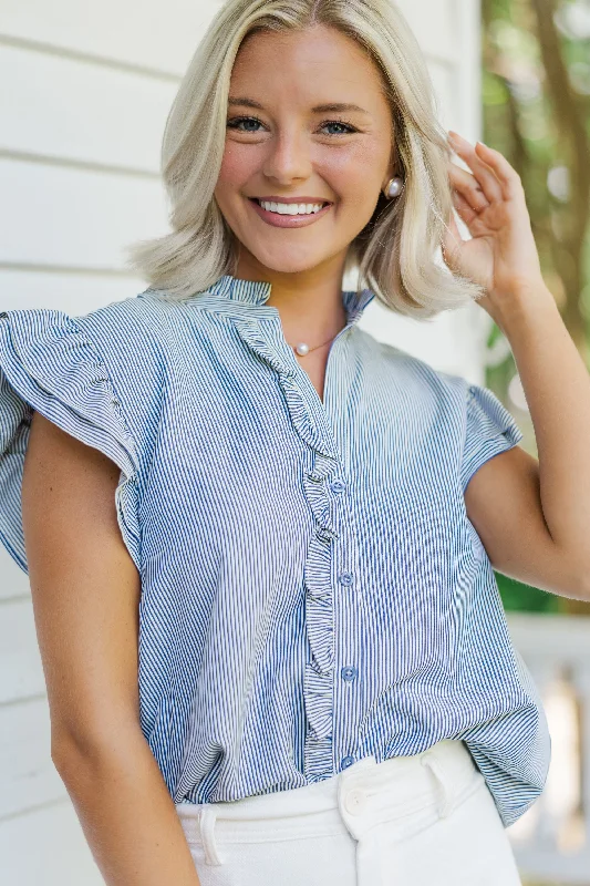 Women's Button-Up ShortsSweet Southern Nights Navy Blue Pin Striped Blouse