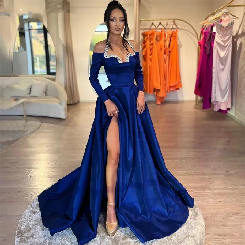 Women's U-Shaped Collar DressesRoyal Blue Glitter Formal Evening Dresses Beadings Halter A-Line High Side Slit Prom Dress Pageant 2024 Party Gowns