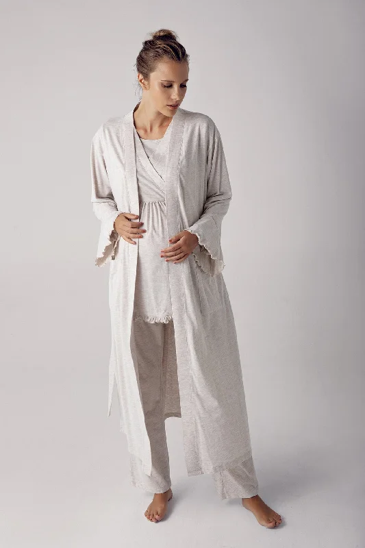 women's pajamas with a perfect blend of style and comfortShopymommy 13300 Double Breasted 3-Pieces Maternity & Nursing Pajamas With Robe Beige