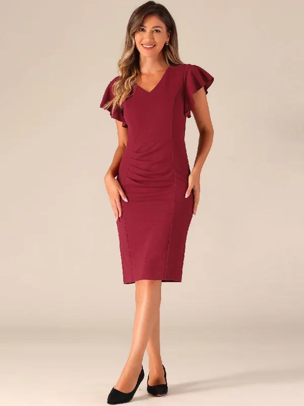 Women's High Collar DressesRuffle Sleeve Solid V Neck Ruched Front Elegant Bodycon Dress